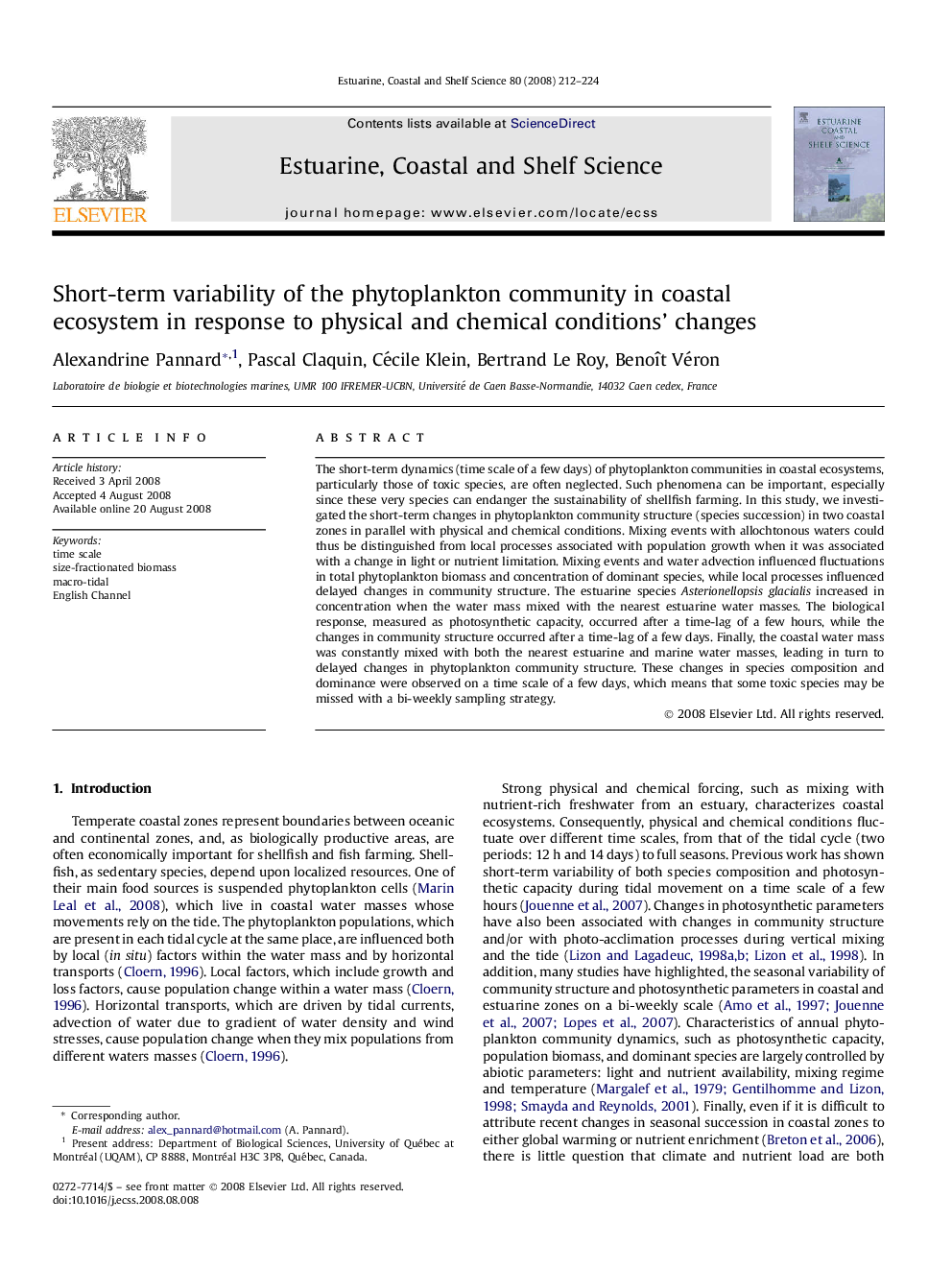 Short-term variability of the phytoplankton community in coastal ecosystem in response to physical and chemical conditions' changes