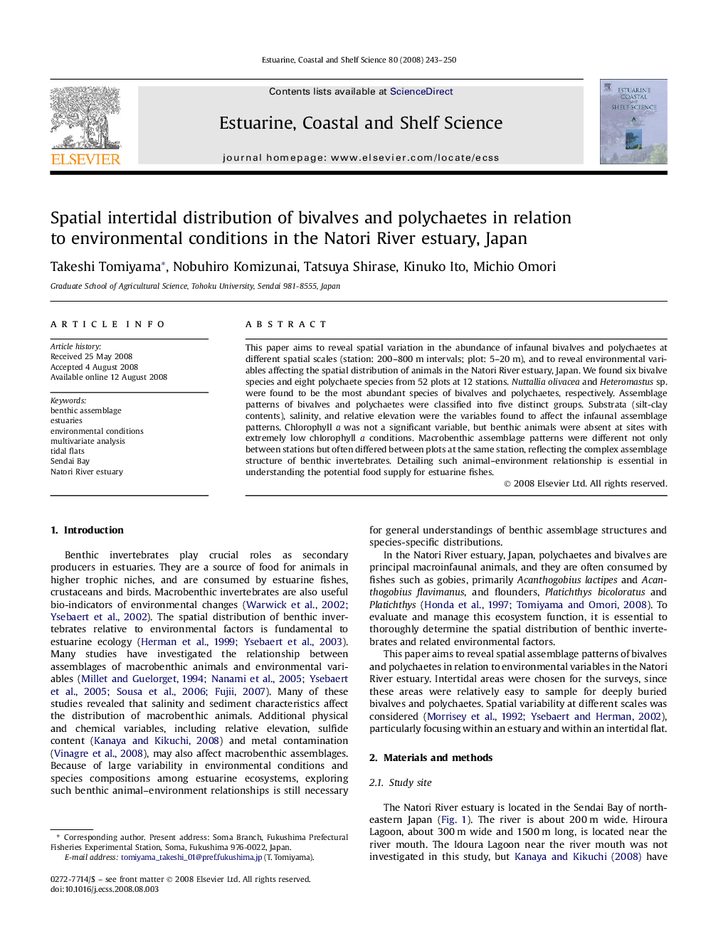 Spatial intertidal distribution of bivalves and polychaetes in relation to environmental conditions in the Natori River estuary, Japan