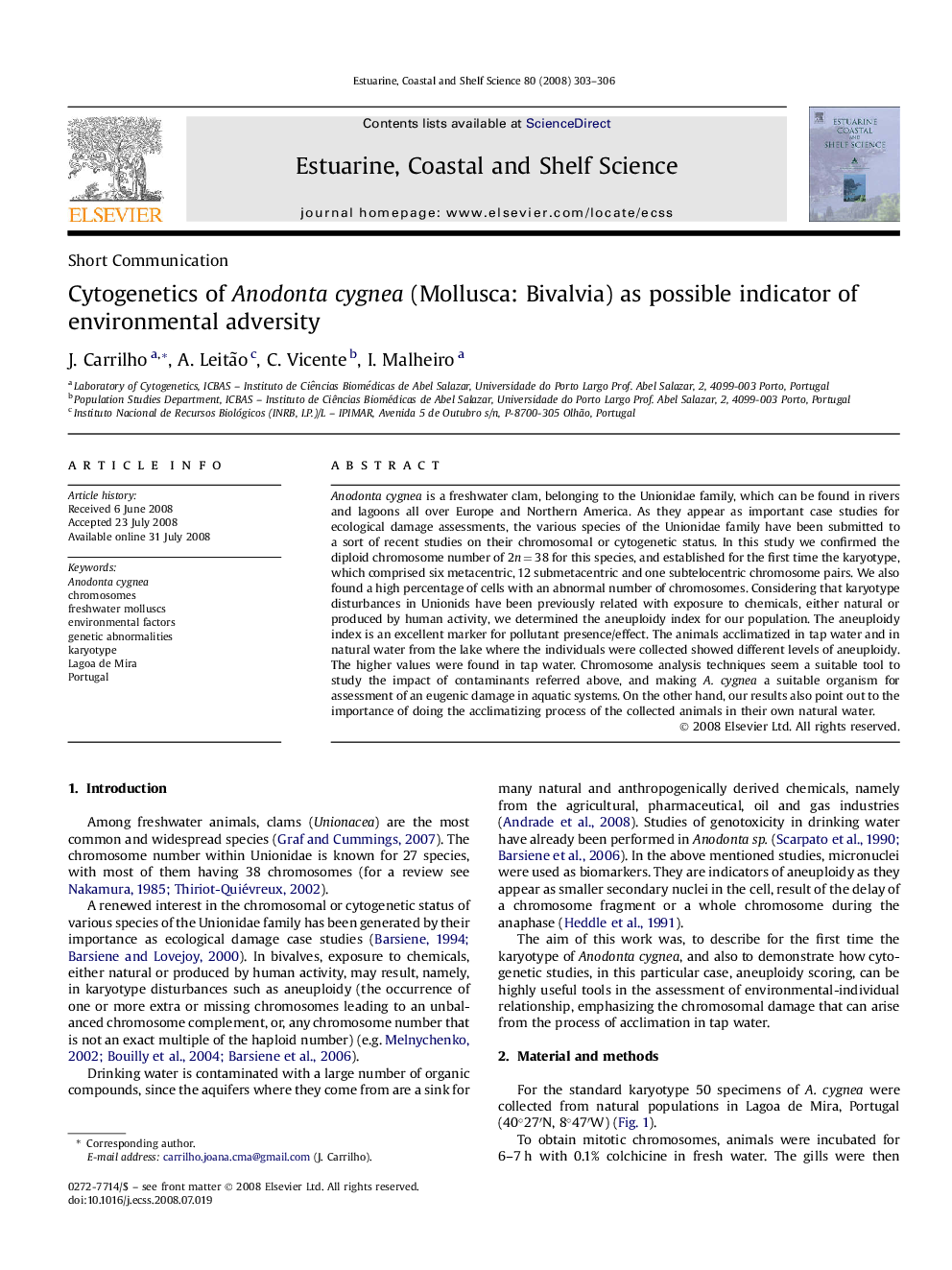 Cytogenetics of Anodonta cygnea (Mollusca: Bivalvia) as possible indicator of environmental adversity