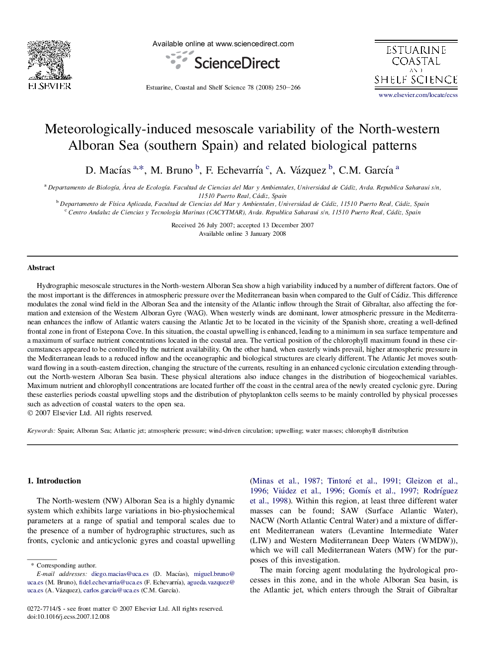 Meteorologically-induced mesoscale variability of the North-western Alboran Sea (southern Spain) and related biological patterns