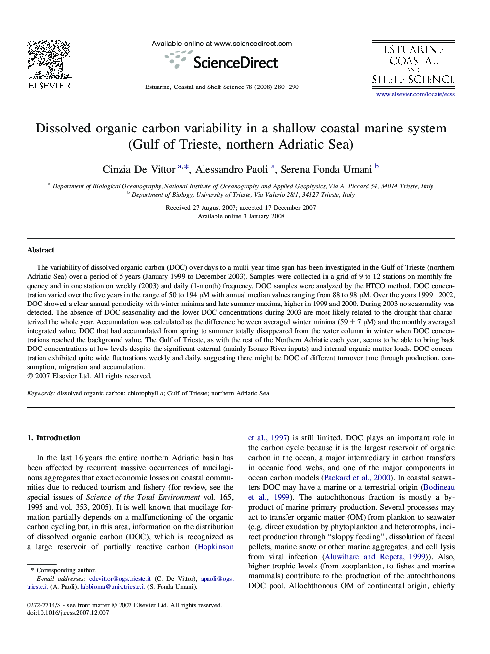 Dissolved organic carbon variability in a shallow coastal marine system (Gulf of Trieste, northern Adriatic Sea)