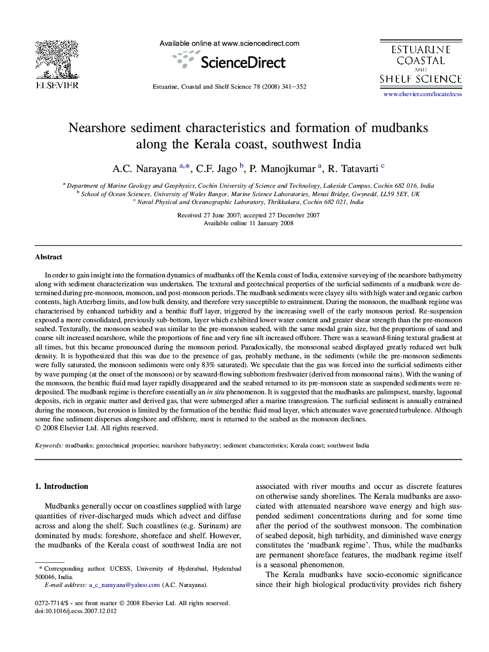 Nearshore sediment characteristics and formation of mudbanks along the Kerala coast, southwest India