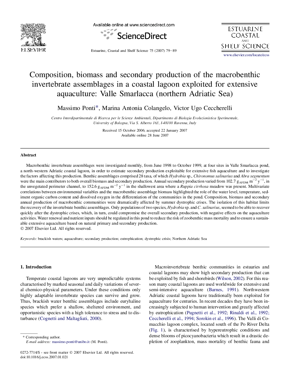 Composition, biomass and secondary production of the macrobenthic invertebrate assemblages in a coastal lagoon exploited for extensive aquaculture: Valle Smarlacca (northern Adriatic Sea)