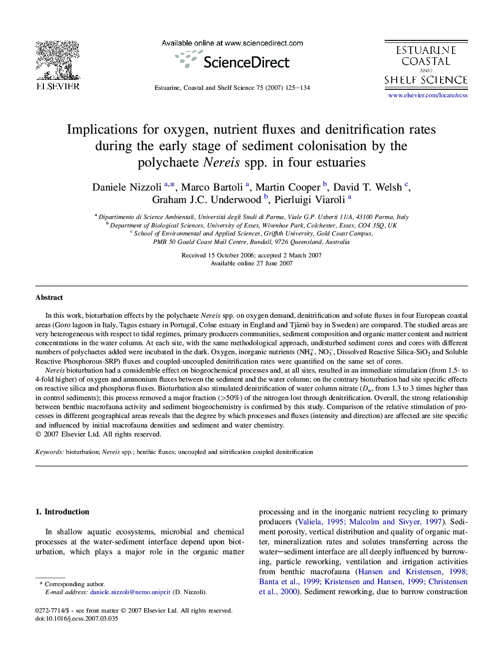 Implications for oxygen, nutrient fluxes and denitrification rates during the early stage of sediment colonisation by the polychaete Nereis spp. in four estuaries