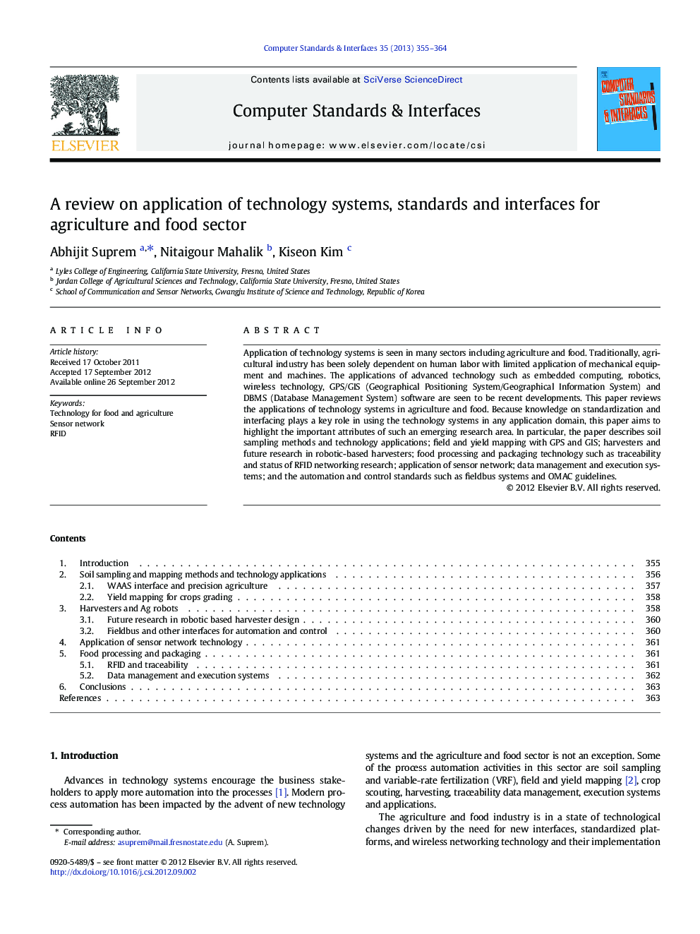 A review on application of technology systems, standards and interfaces for agriculture and food sector
