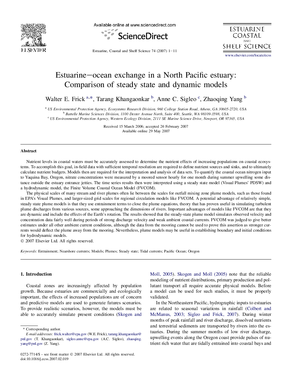 Estuarine–ocean exchange in a North Pacific estuary: Comparison of steady state and dynamic models