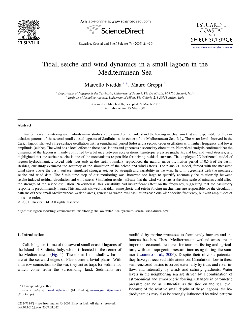 Tidal, seiche and wind dynamics in a small lagoon in the Mediterranean Sea