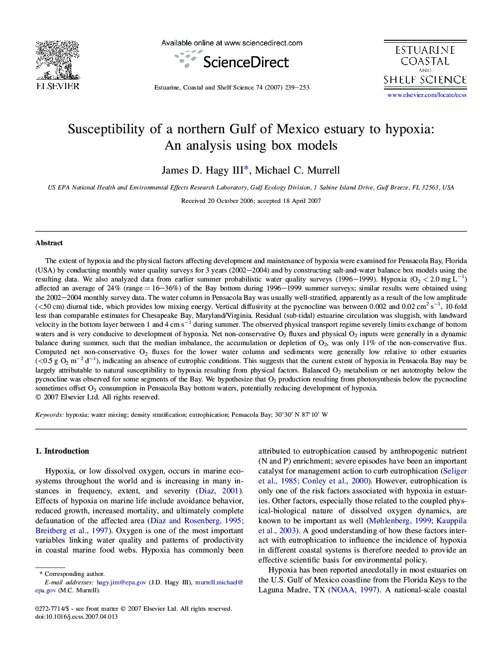 Susceptibility of a northern Gulf of Mexico estuary to hypoxia: An analysis using box models