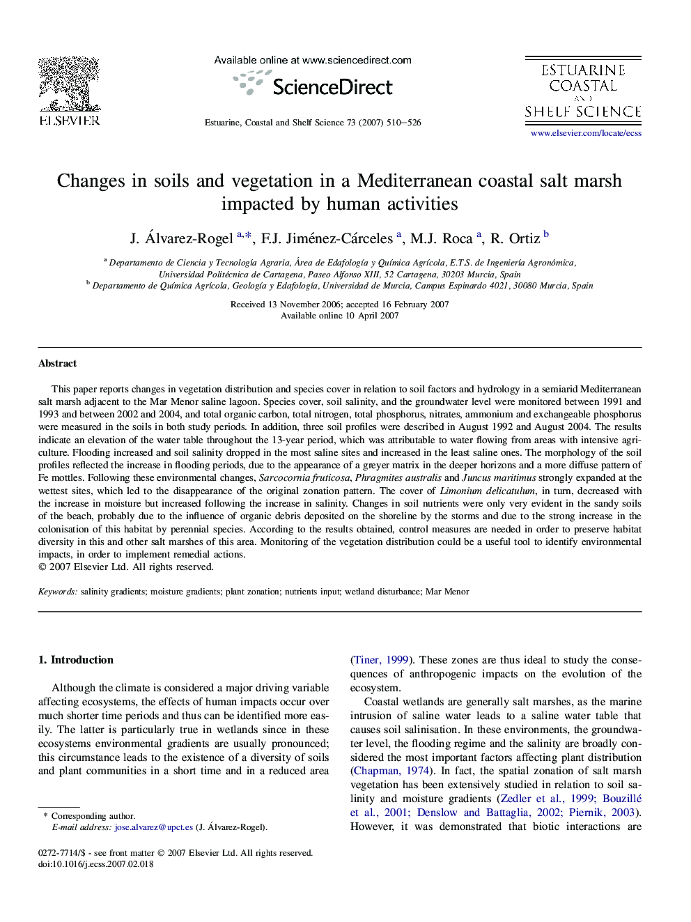 Changes in soils and vegetation in a Mediterranean coastal salt marsh impacted by human activities