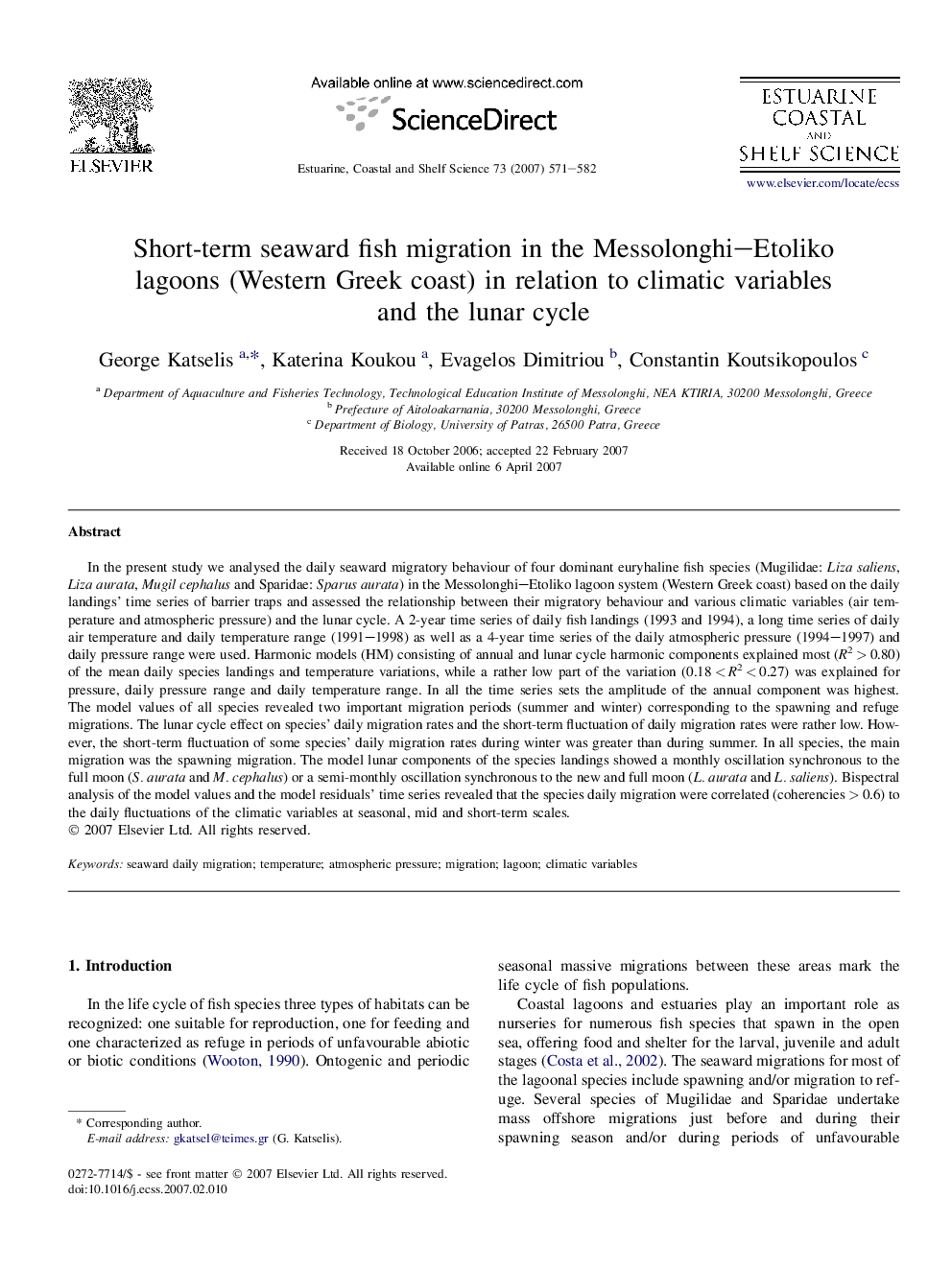 Short-term seaward fish migration in the Messolonghi–Etoliko lagoons (Western Greek coast) in relation to climatic variables and the lunar cycle