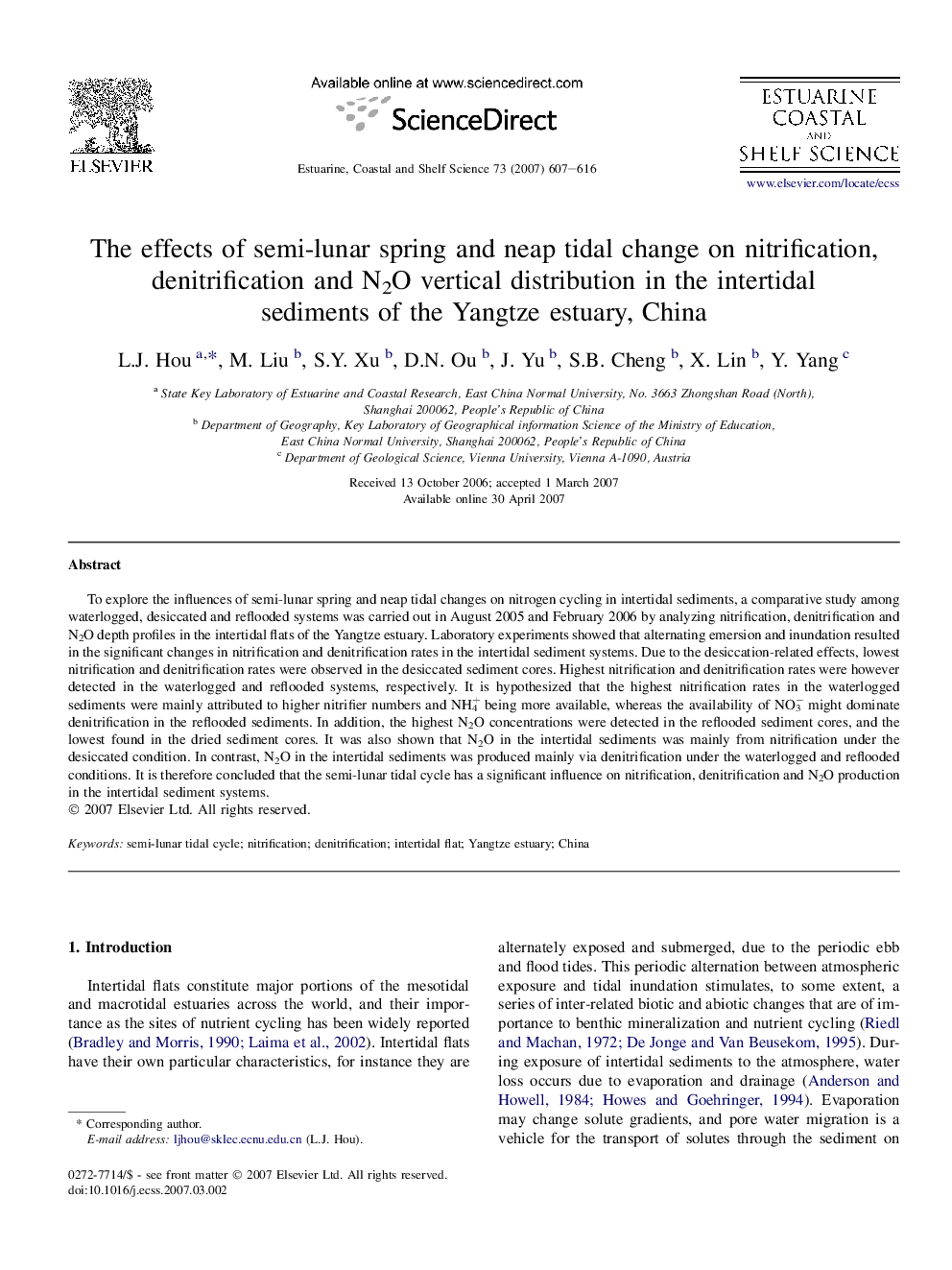 The effects of semi-lunar spring and neap tidal change on nitrification, denitrification and N2O vertical distribution in the intertidal sediments of the Yangtze estuary, China