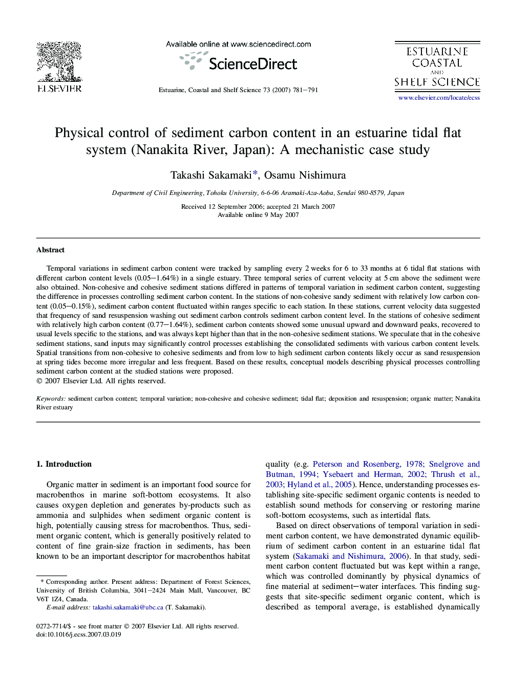 Physical control of sediment carbon content in an estuarine tidal flat system (Nanakita River, Japan): A mechanistic case study