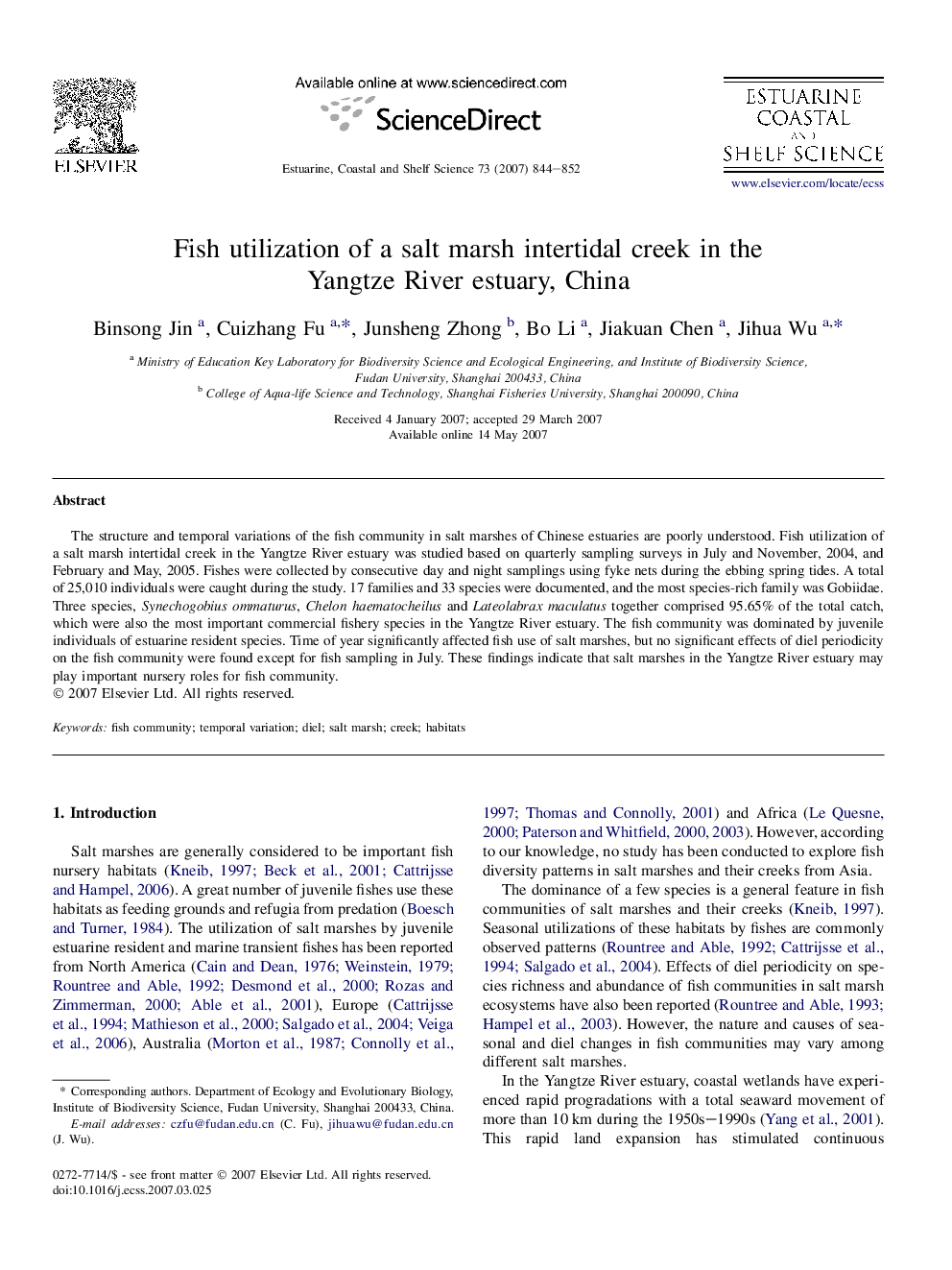 Fish utilization of a salt marsh intertidal creek in the Yangtze River estuary, China