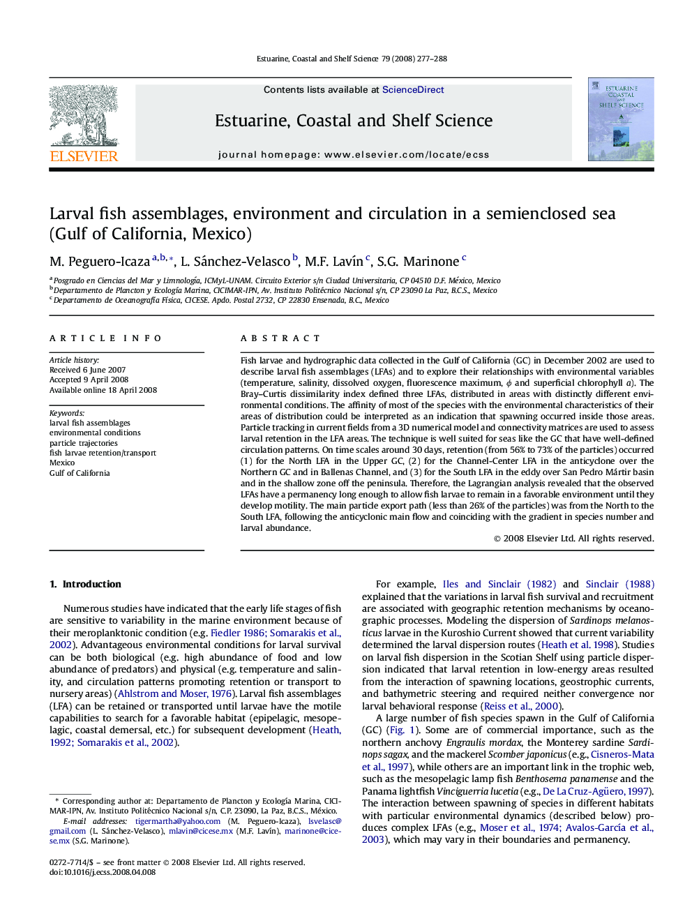 Larval fish assemblages, environment and circulation in a semienclosed sea (Gulf of California, Mexico)