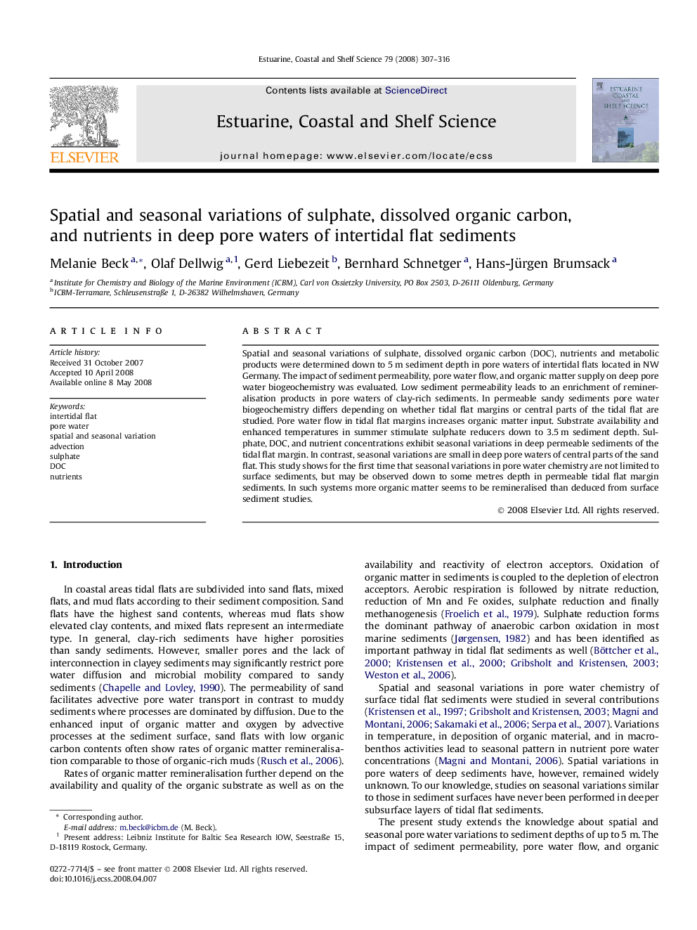 Spatial and seasonal variations of sulphate, dissolved organic carbon, and nutrients in deep pore waters of intertidal flat sediments