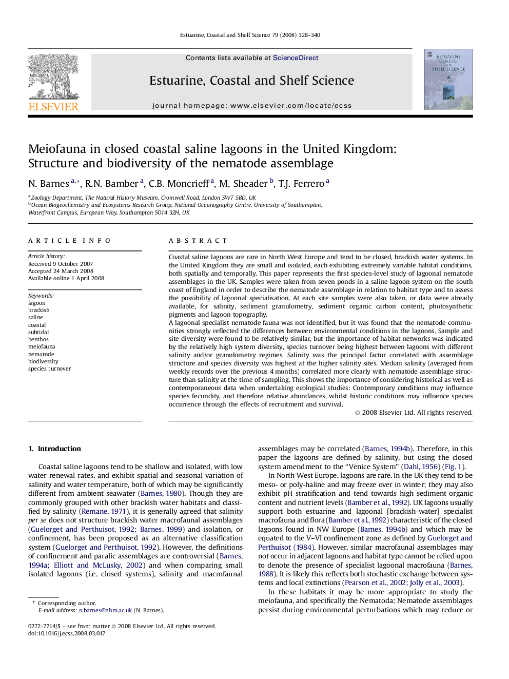 Meiofauna in closed coastal saline lagoons in the United Kingdom: Structure and biodiversity of the nematode assemblage