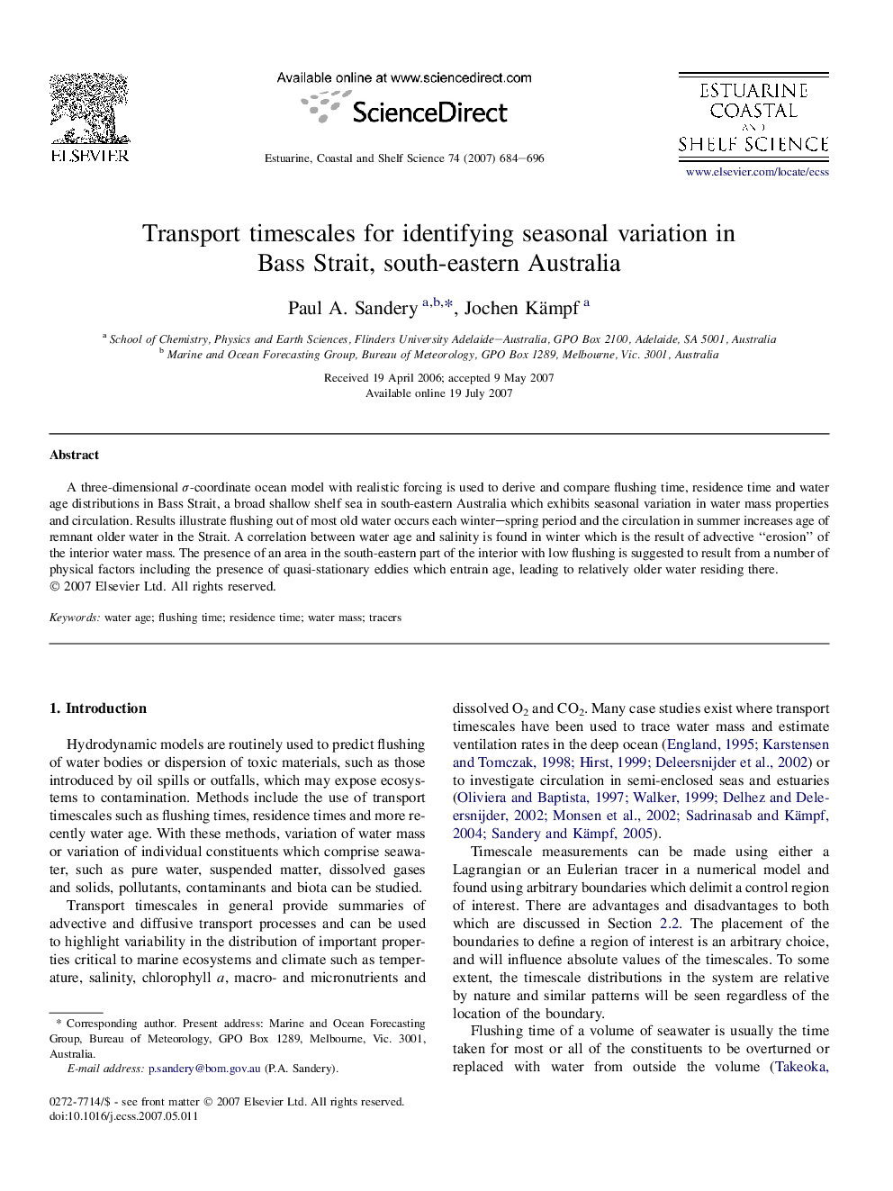 Transport timescales for identifying seasonal variation in Bass Strait, south-eastern Australia