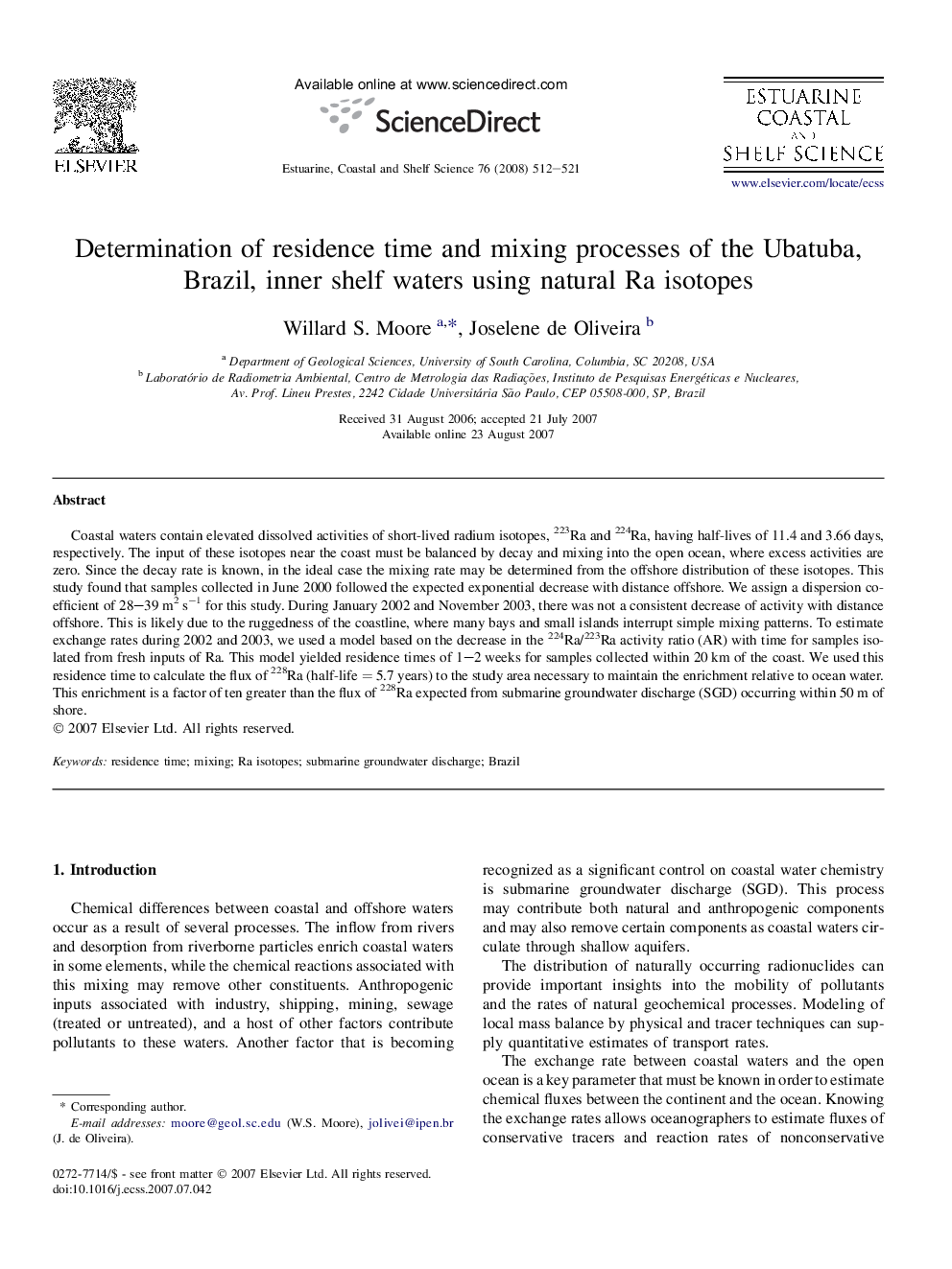 Determination of residence time and mixing processes of the Ubatuba, Brazil, inner shelf waters using natural Ra isotopes