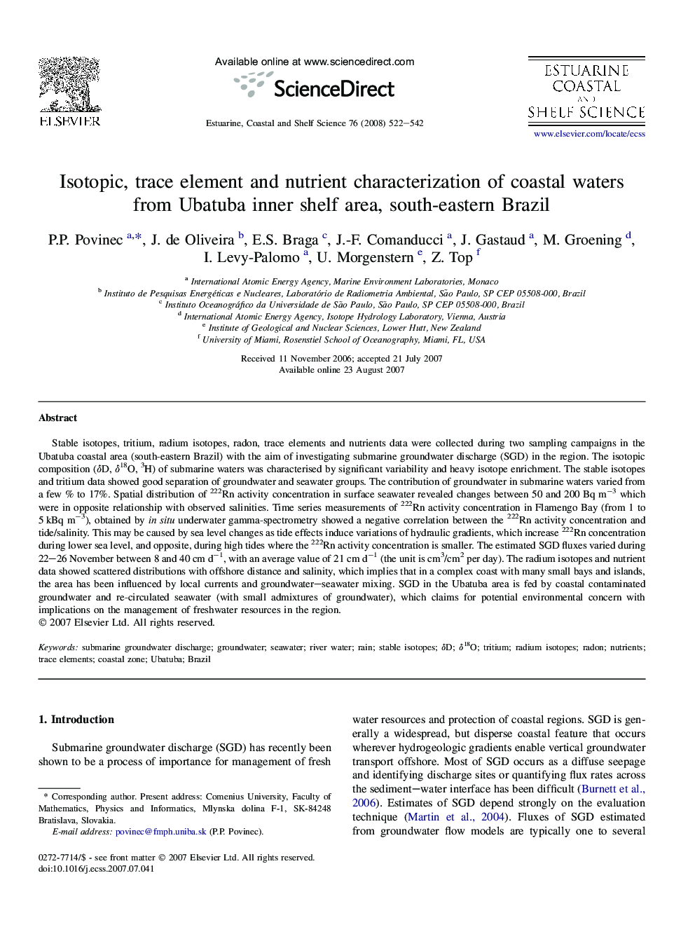 Isotopic, trace element and nutrient characterization of coastal waters from Ubatuba inner shelf area, south-eastern Brazil