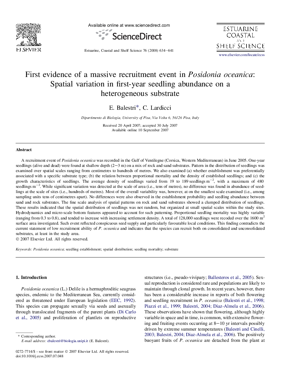 First evidence of a massive recruitment event in Posidonia oceanica: Spatial variation in first-year seedling abundance on a heterogeneous substrate