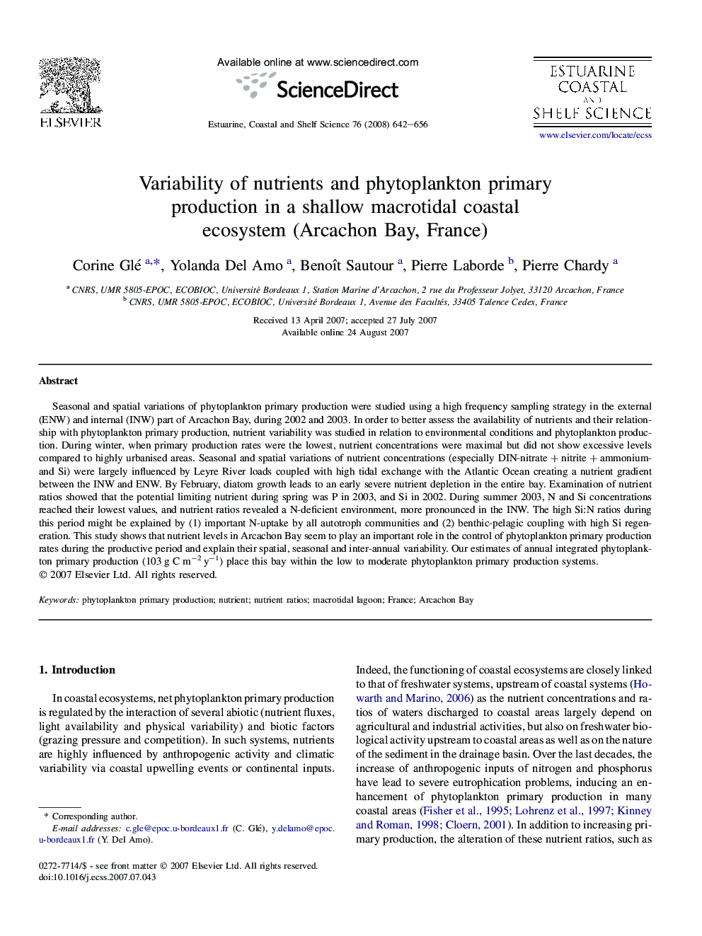 Variability of nutrients and phytoplankton primary production in a shallow macrotidal coastal ecosystem (Arcachon Bay, France)