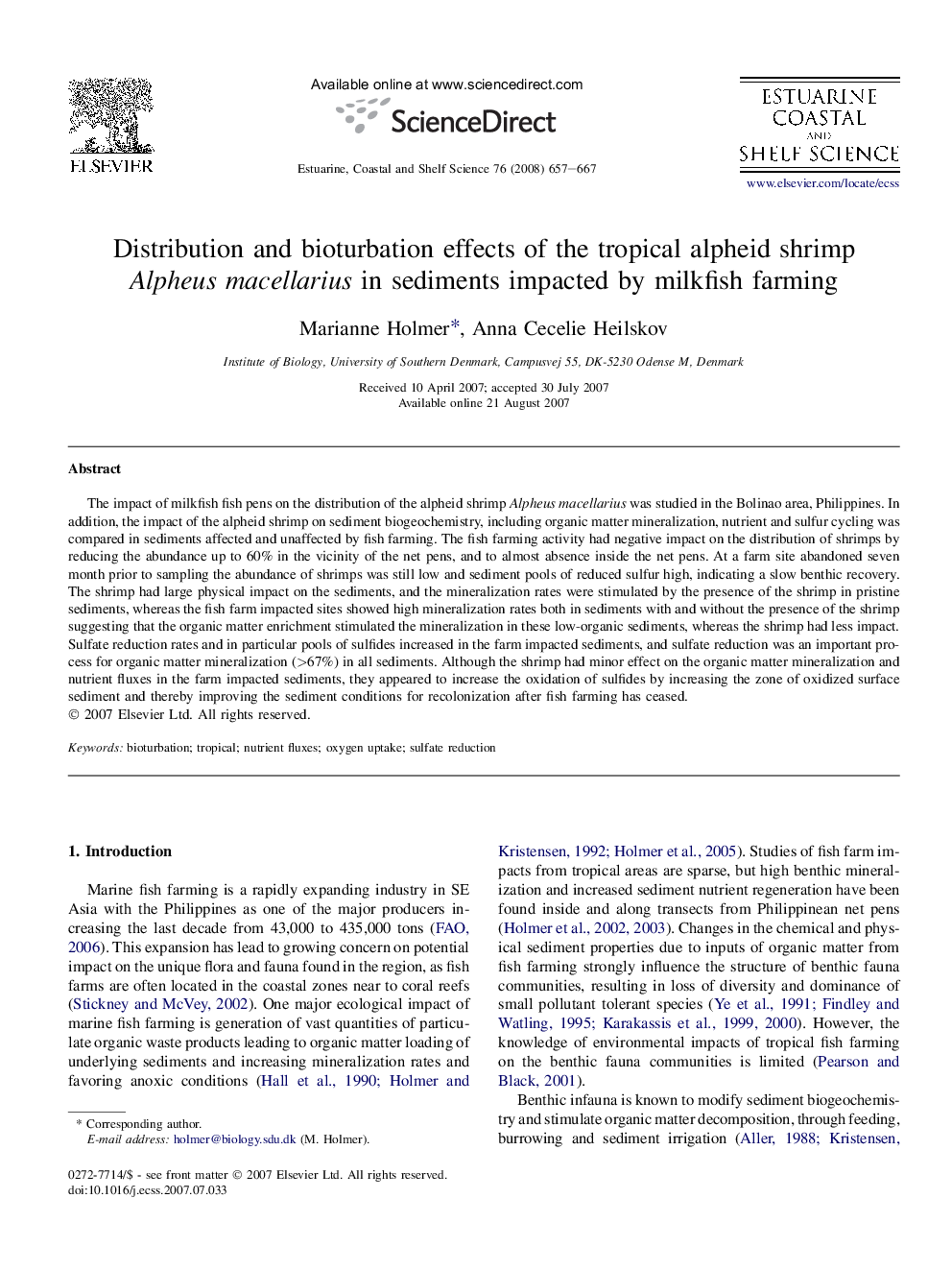 Distribution and bioturbation effects of the tropical alpheid shrimp Alpheus macellarius in sediments impacted by milkfish farming