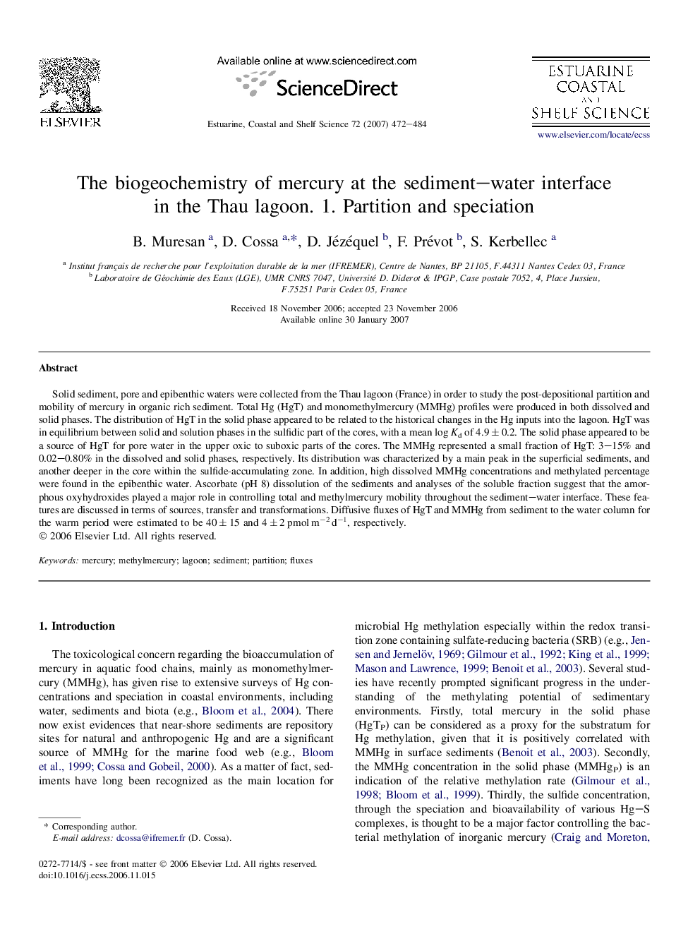 The biogeochemistry of mercury at the sediment–water interface in the Thau lagoon. 1. Partition and speciation