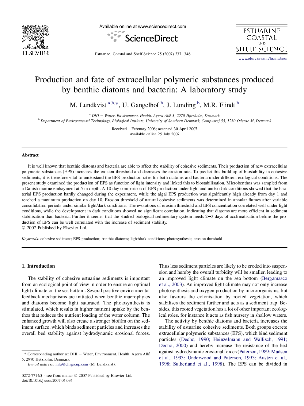 Production and fate of extracellular polymeric substances produced by benthic diatoms and bacteria: A laboratory study