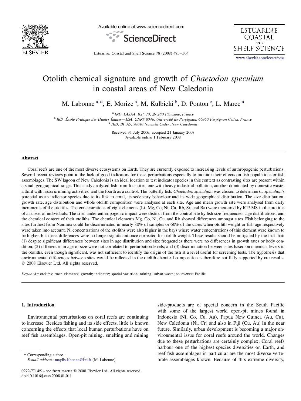 Otolith chemical signature and growth of Chaetodon speculum in coastal areas of New Caledonia