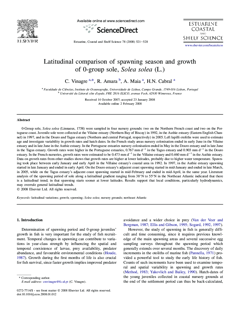 Latitudinal comparison of spawning season and growth of 0-group sole, Solea solea (L.)