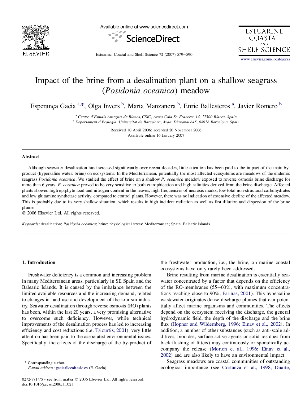 Impact of the brine from a desalination plant on a shallow seagrass (Posidonia oceanica) meadow