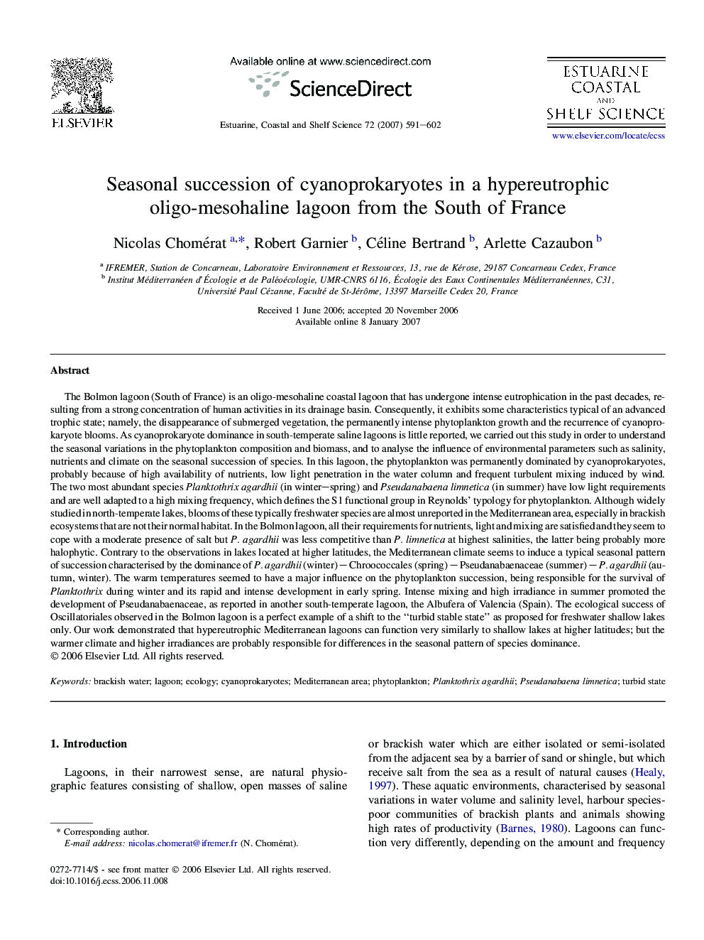 Seasonal succession of cyanoprokaryotes in a hypereutrophic oligo-mesohaline lagoon from the South of France