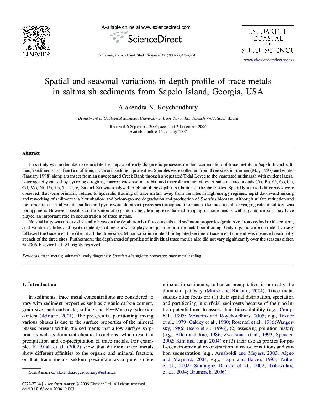 Spatial and seasonal variations in depth profile of trace metals in saltmarsh sediments from Sapelo Island, Georgia, USA