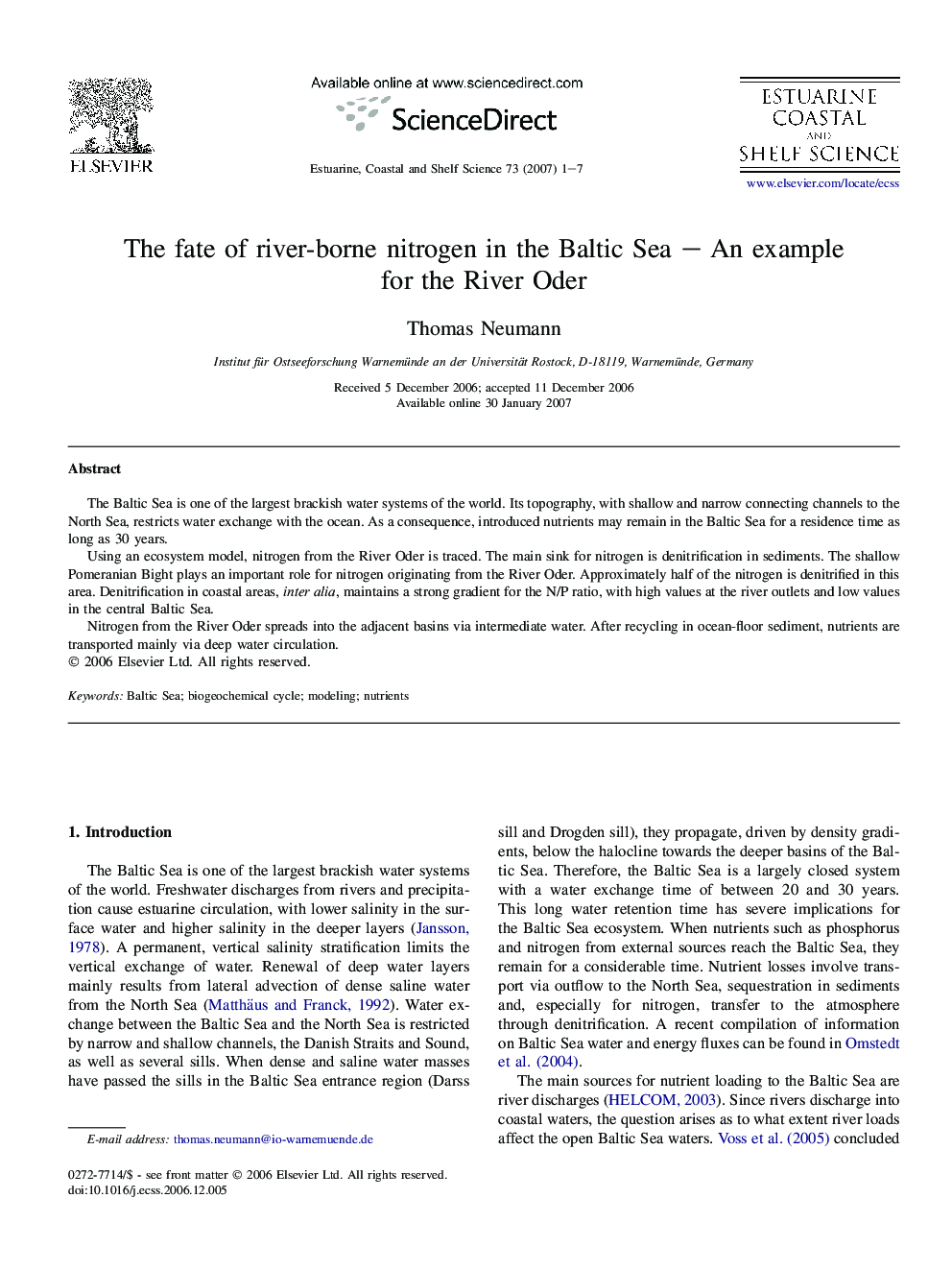 The fate of river-borne nitrogen in the Baltic Sea - An example for the River Oder