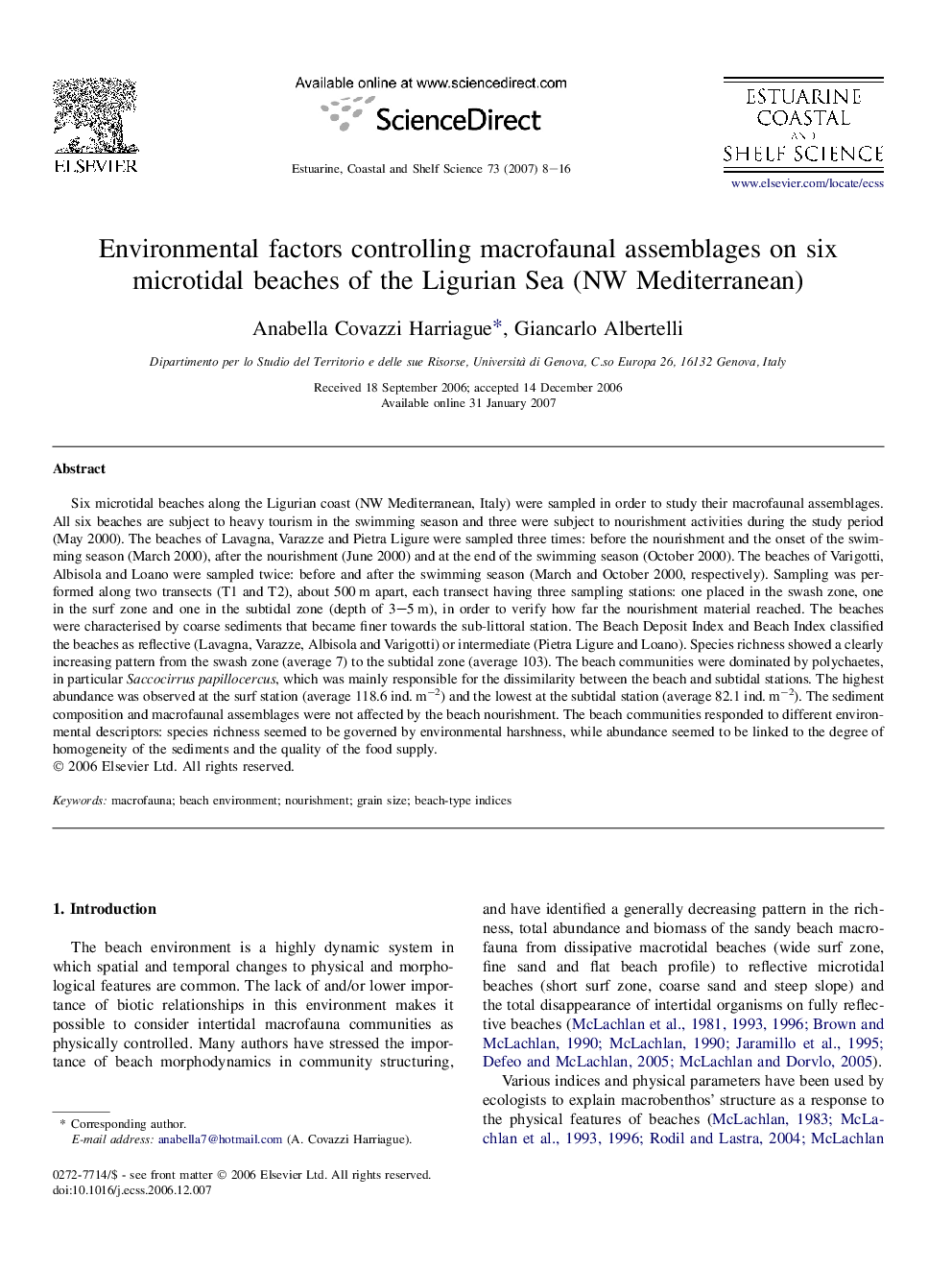 Environmental factors controlling macrofaunal assemblages on six microtidal beaches of the Ligurian Sea (NW Mediterranean)