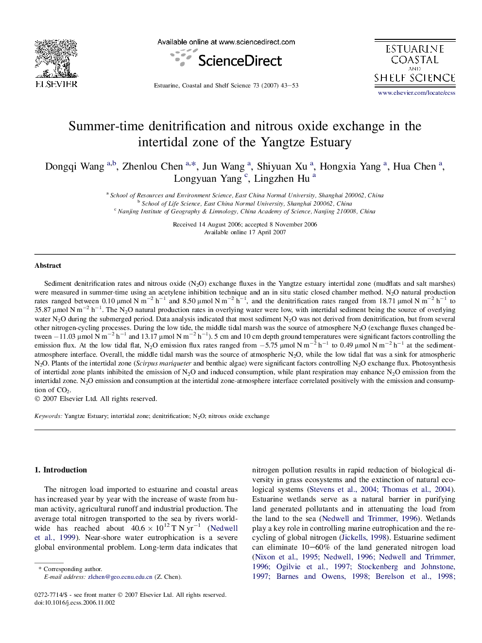 Summer-time denitrification and nitrous oxide exchange in the intertidal zone of the Yangtze Estuary