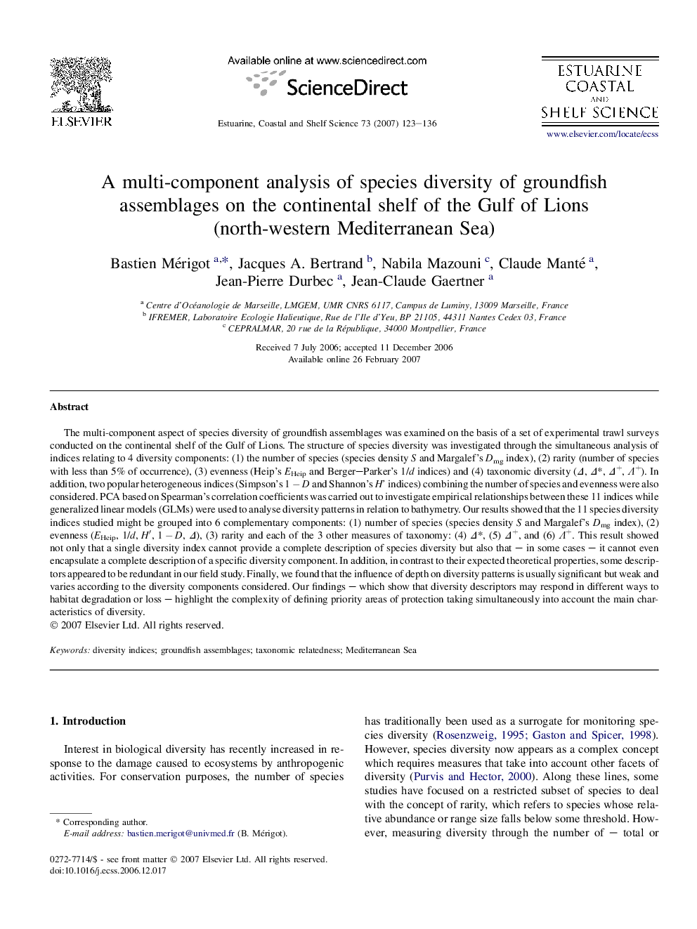 A multi-component analysis of species diversity of groundfish assemblages on the continental shelf of the Gulf of Lions (north-western Mediterranean Sea)