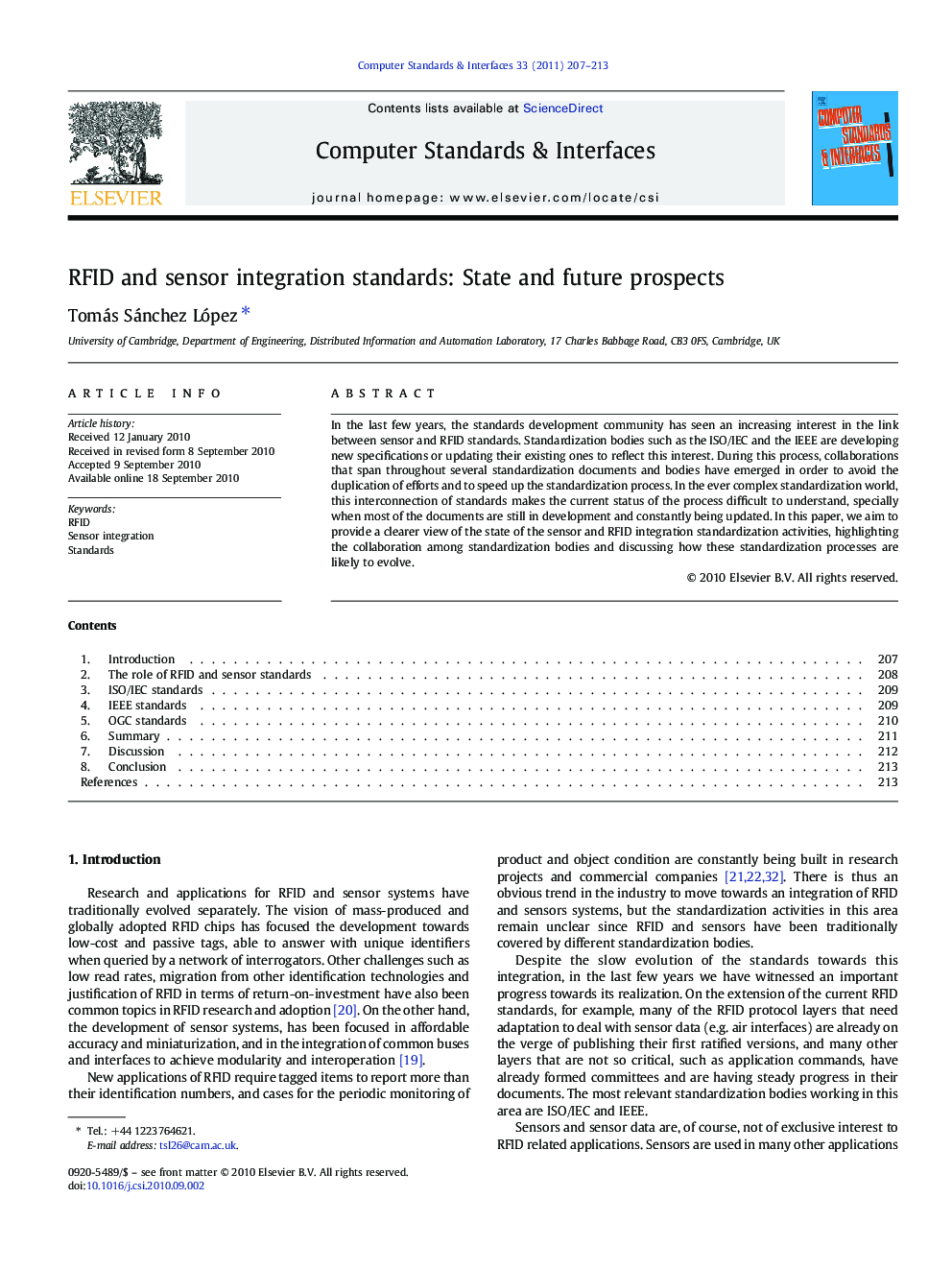 RFID and sensor integration standards: State and future prospects