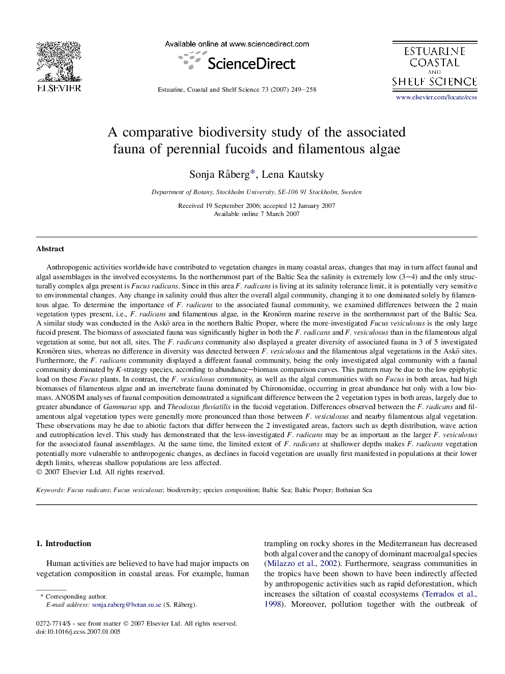 A comparative biodiversity study of the associated fauna of perennial fucoids and filamentous algae