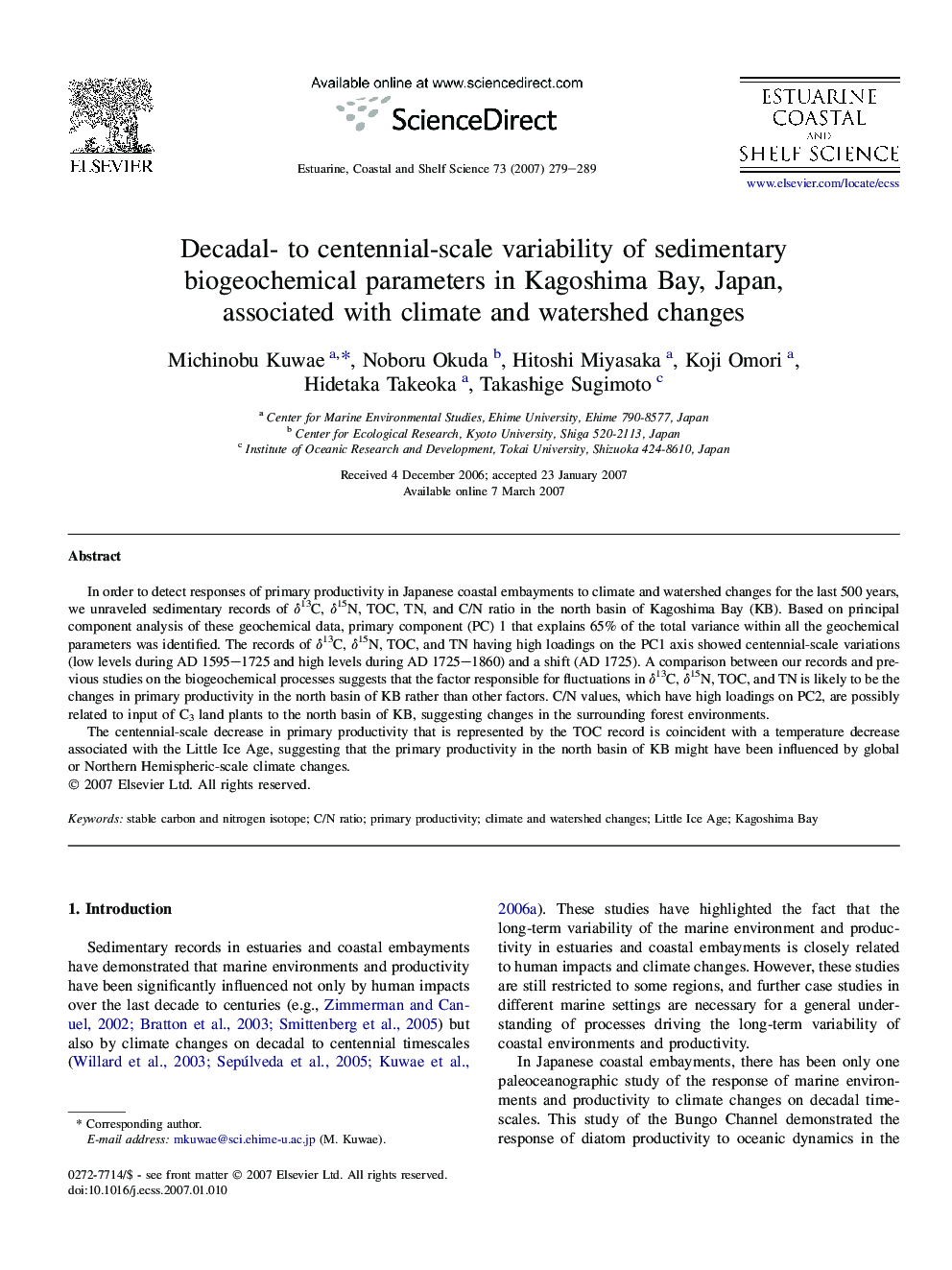 عکس صفحه اول مقاله: Decadal- to centennial-scale variability of sedimentary biogeochemical parameters in Kagoshima Bay, Japan, associated with climate and watershed changes Decadal- to centennial-scale variability of sedimentary biogeochemical parameters in Kagoshima Bay, Japan, associated with climate and watershed changes