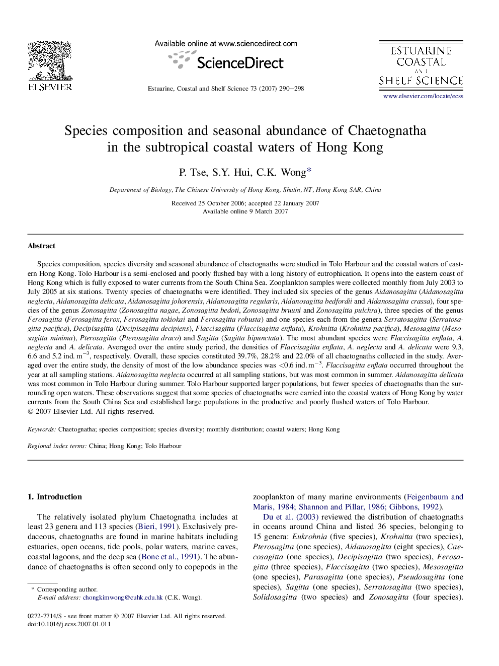 Species composition and seasonal abundance of Chaetognatha in the subtropical coastal waters of Hong Kong