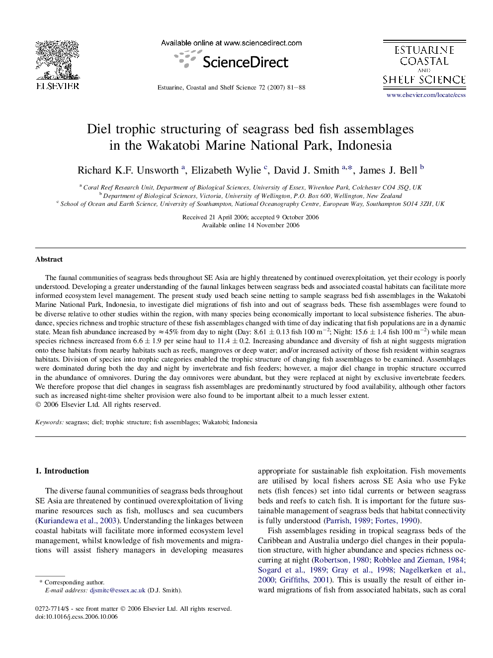 Diel trophic structuring of seagrass bed fish assemblages in the Wakatobi Marine National Park, Indonesia