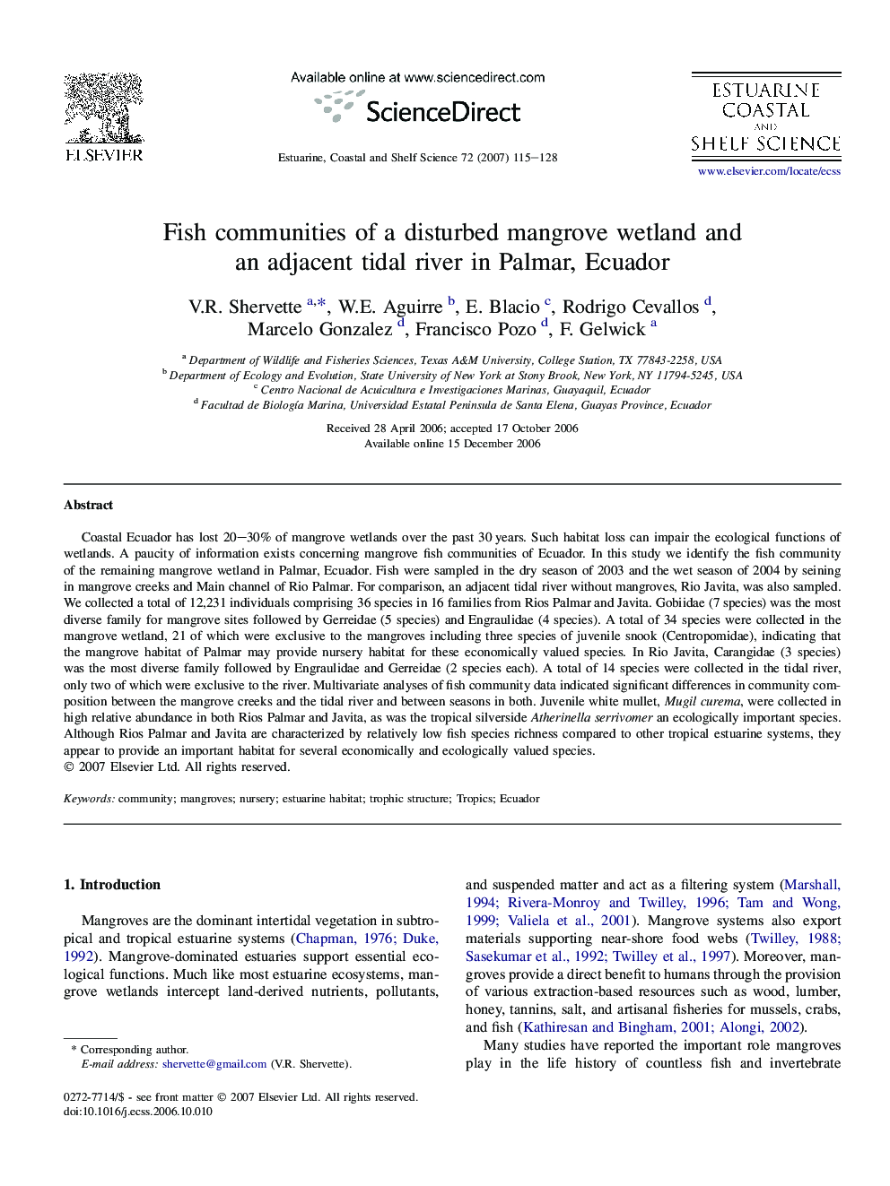 Fish communities of a disturbed mangrove wetland and an adjacent tidal river in Palmar, Ecuador