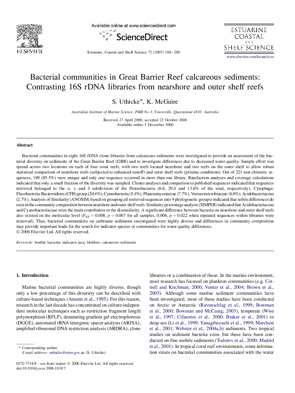 Bacterial communities in Great Barrier Reef calcareous sediments: Contrasting 16S rDNA libraries from nearshore and outer shelf reefs