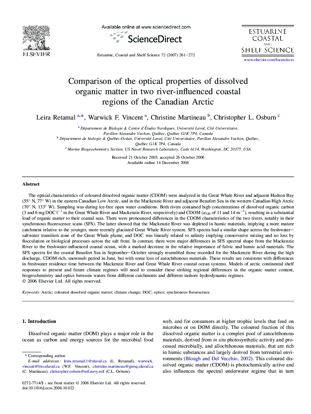 Comparison of the optical properties of dissolved organic matter in two river-influenced coastal regions of the Canadian Arctic