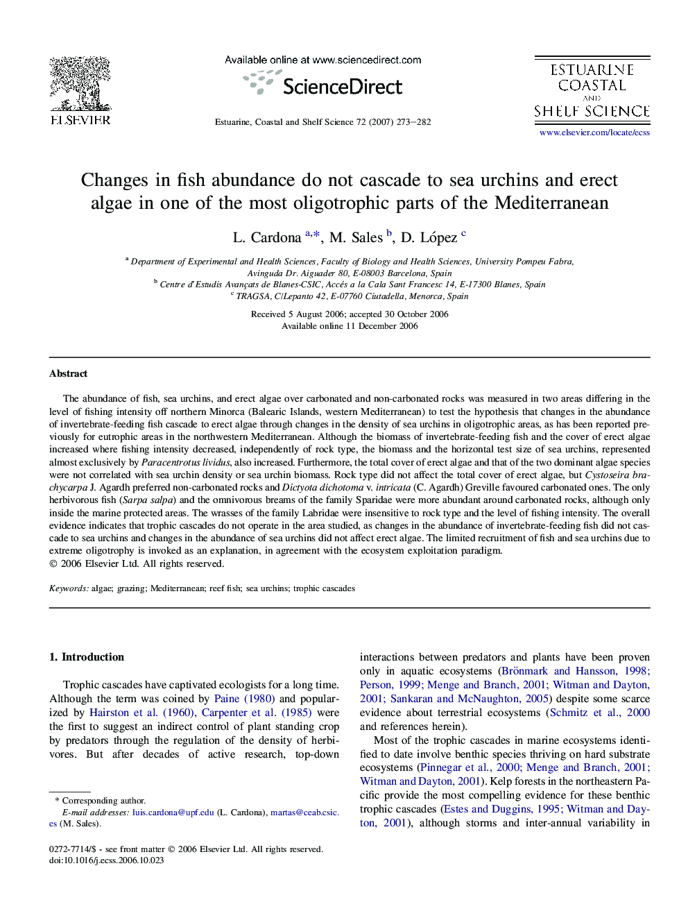عکس صفحه اول مقاله: Changes in fish abundance do not cascade to sea urchins and erect algae in one of the most oligotrophic parts of the Mediterranean Changes in fish abundance do not cascade to sea urchins and erect algae in one of the most oligotrophic parts of the Mediterranean
