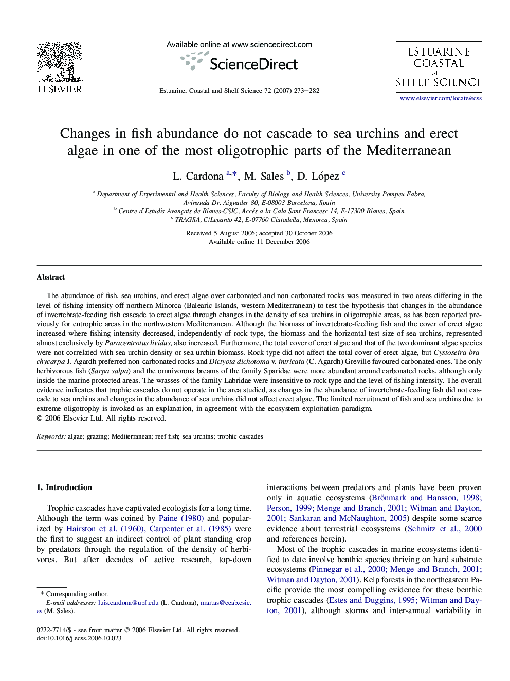 Changes in fish abundance do not cascade to sea urchins and erect algae in one of the most oligotrophic parts of the Mediterranean