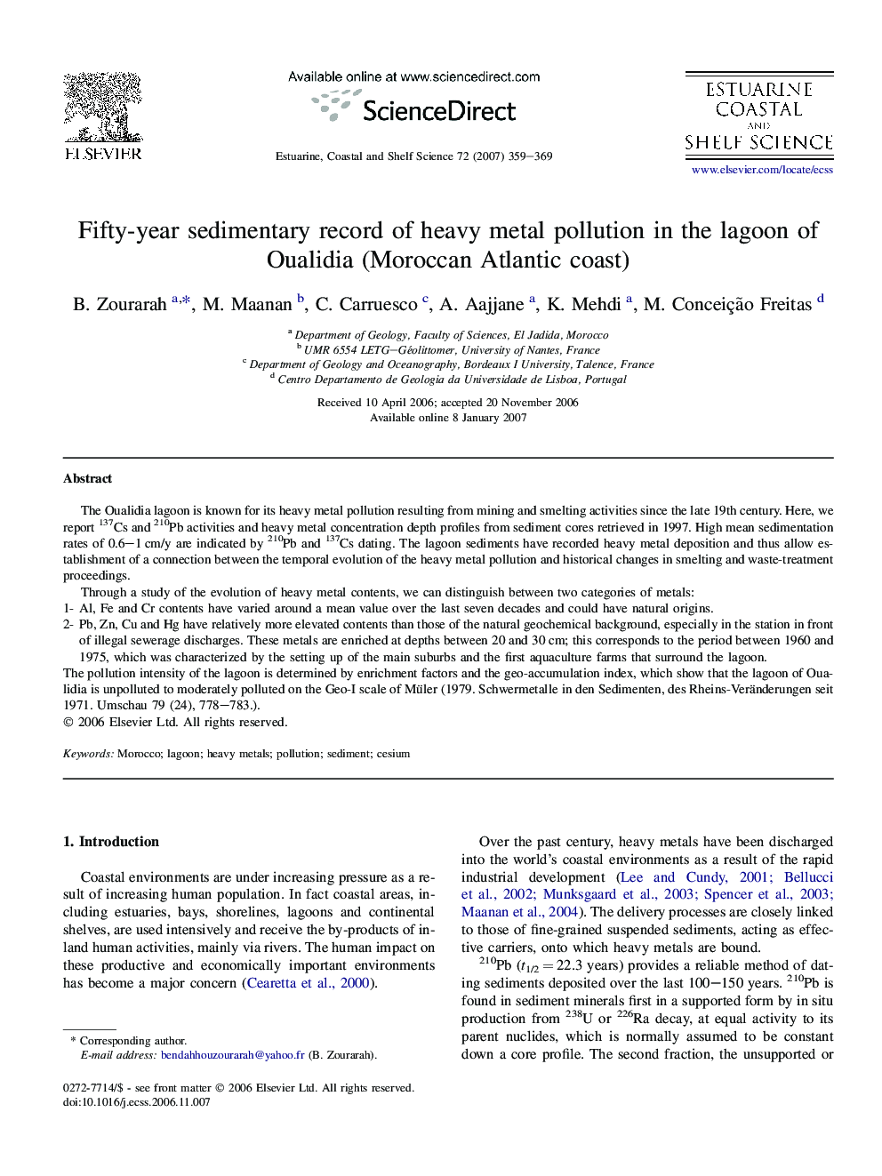 Fifty-year sedimentary record of heavy metal pollution in the lagoon of Oualidia (Moroccan Atlantic coast)