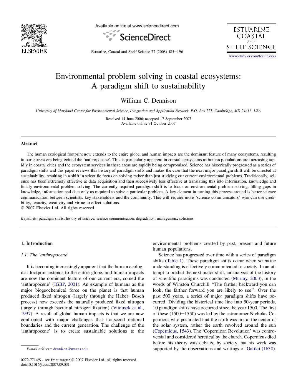 Environmental problem solving in coastal ecosystems: A paradigm shift to sustainability