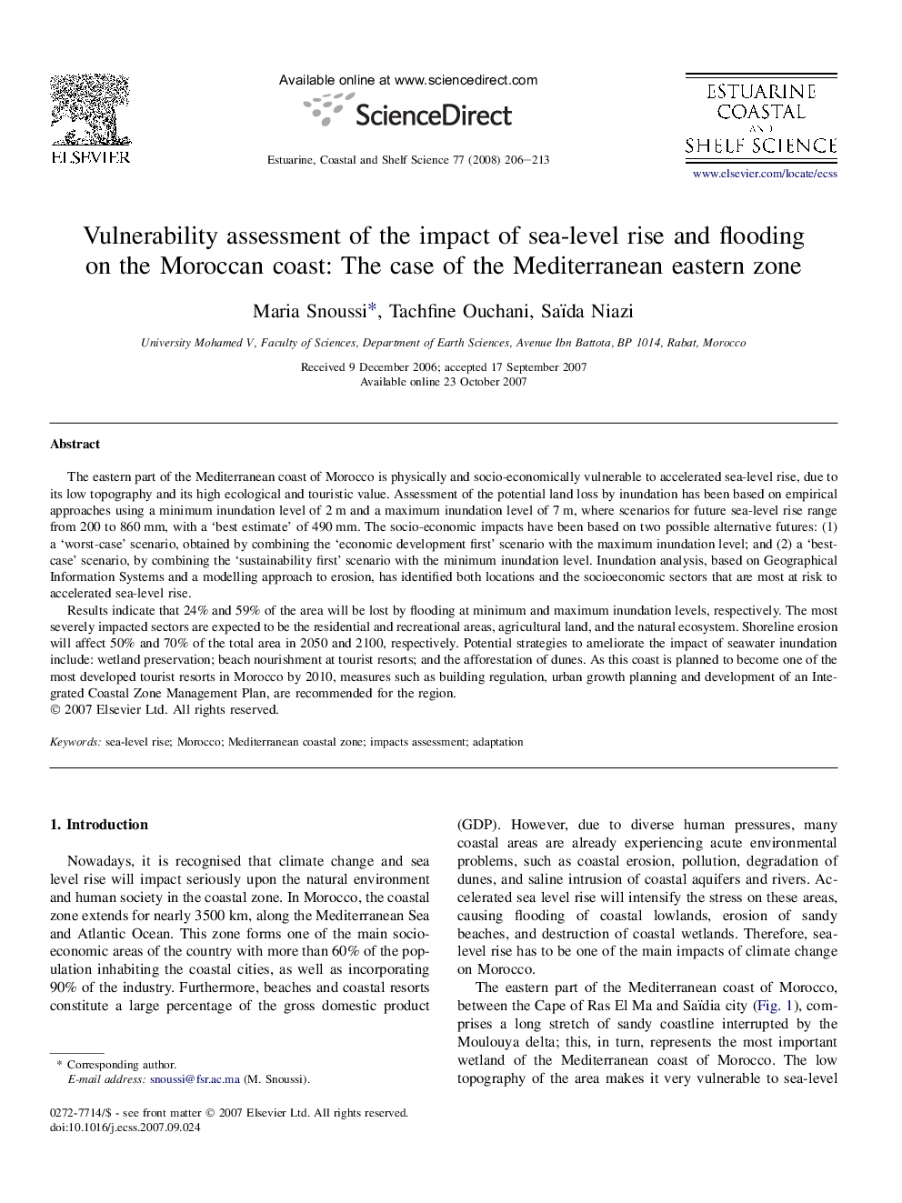 Vulnerability assessment of the impact of sea-level rise and flooding on the Moroccan coast: The case of the Mediterranean eastern zone